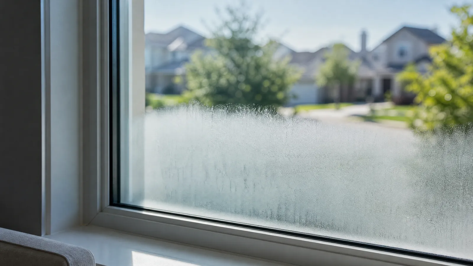 Close-up of a foggy double-pane window in a modern Frisco home with condensation trapped between the glass panes