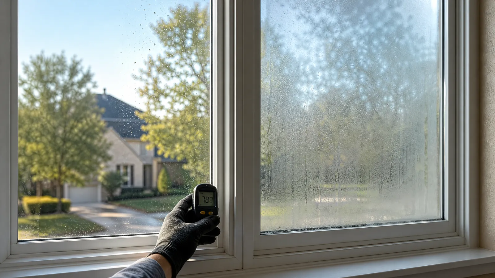 Close-up of a residential double-pane window with condensation illustrating seal failure alongside a professional moisture assessment