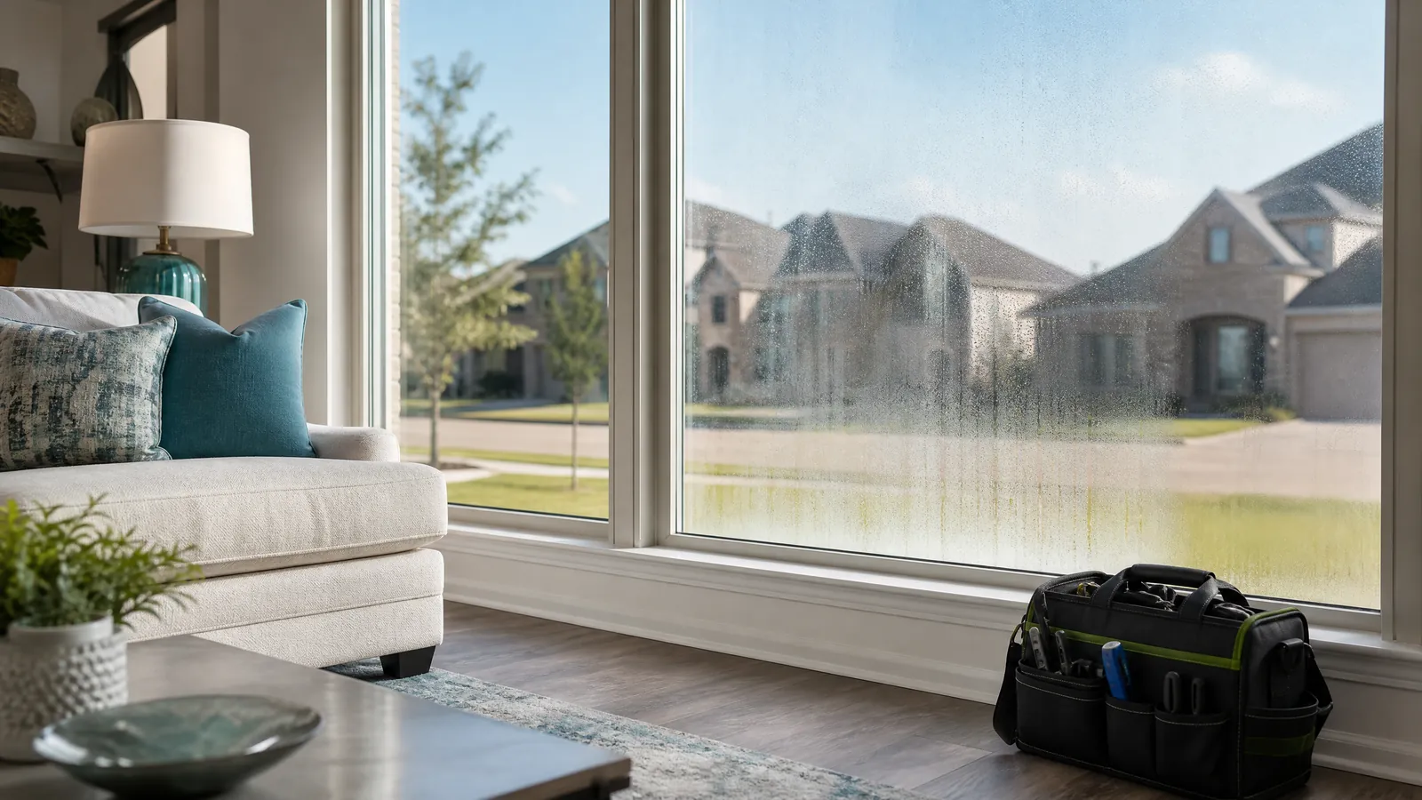 Modern living room window in a new subdivision showing trapped condensation and foggy glass needing repair