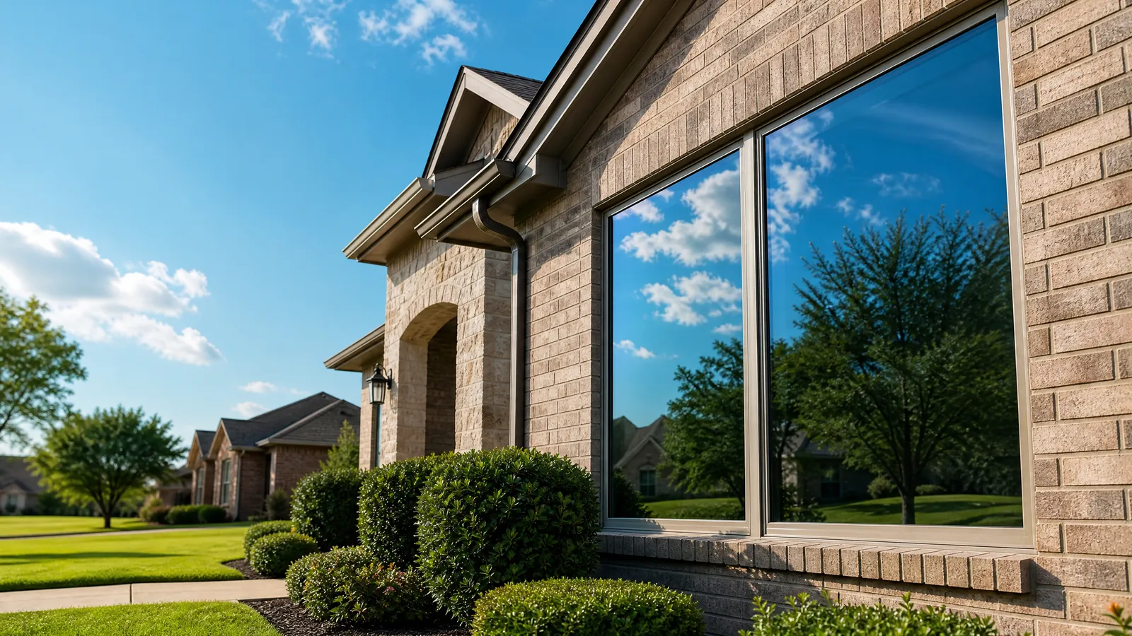 Beautiful suburban home exterior in Garland featuring perfectly clear windows reflecting a bright blue sky and lush green landscaping