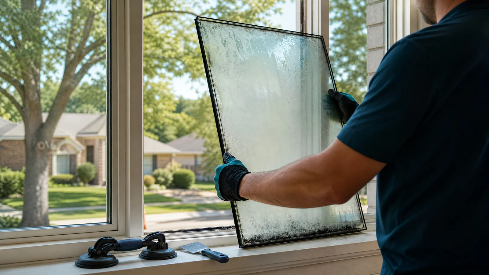 Professional removing foggy double-pane glass from a residential window in Grand Prairie