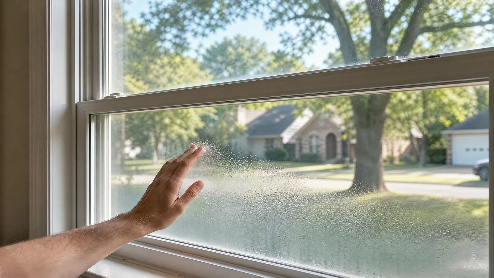 Close-up of a homeowner touching a foggy dual-pane window in a Grand Prairie home showing signs of seal failure
