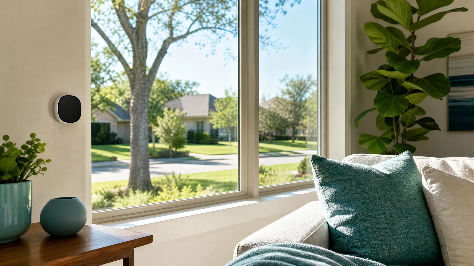 Clear energy-efficient window in a Dallas home with a smart thermostat nearby