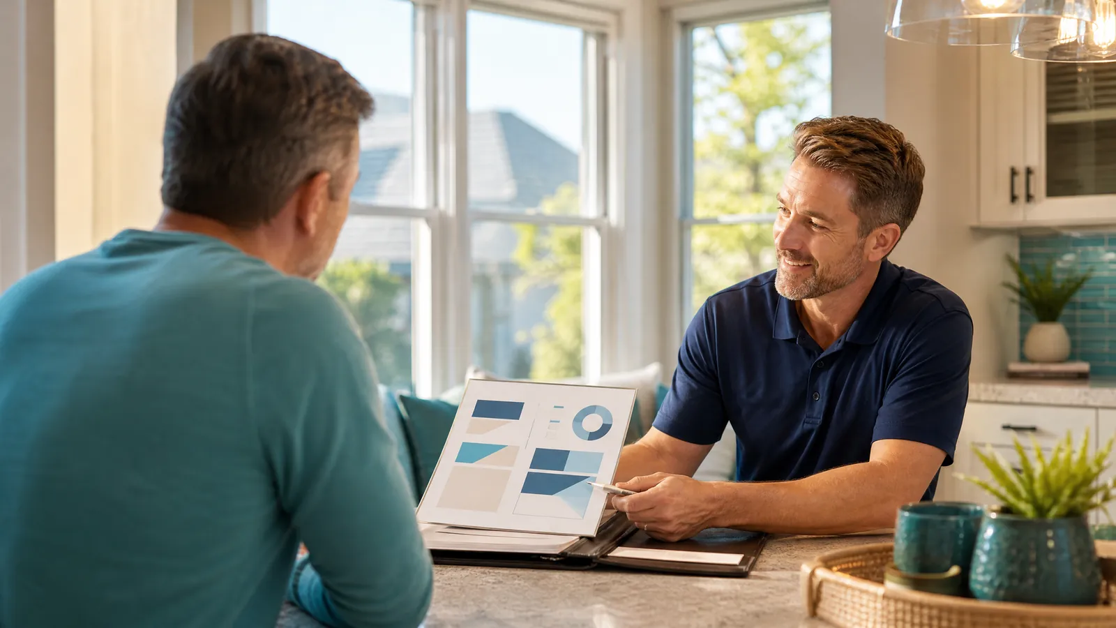 Homeowner reviewing window replacement estimate with contractor at kitchen island in Dallas home