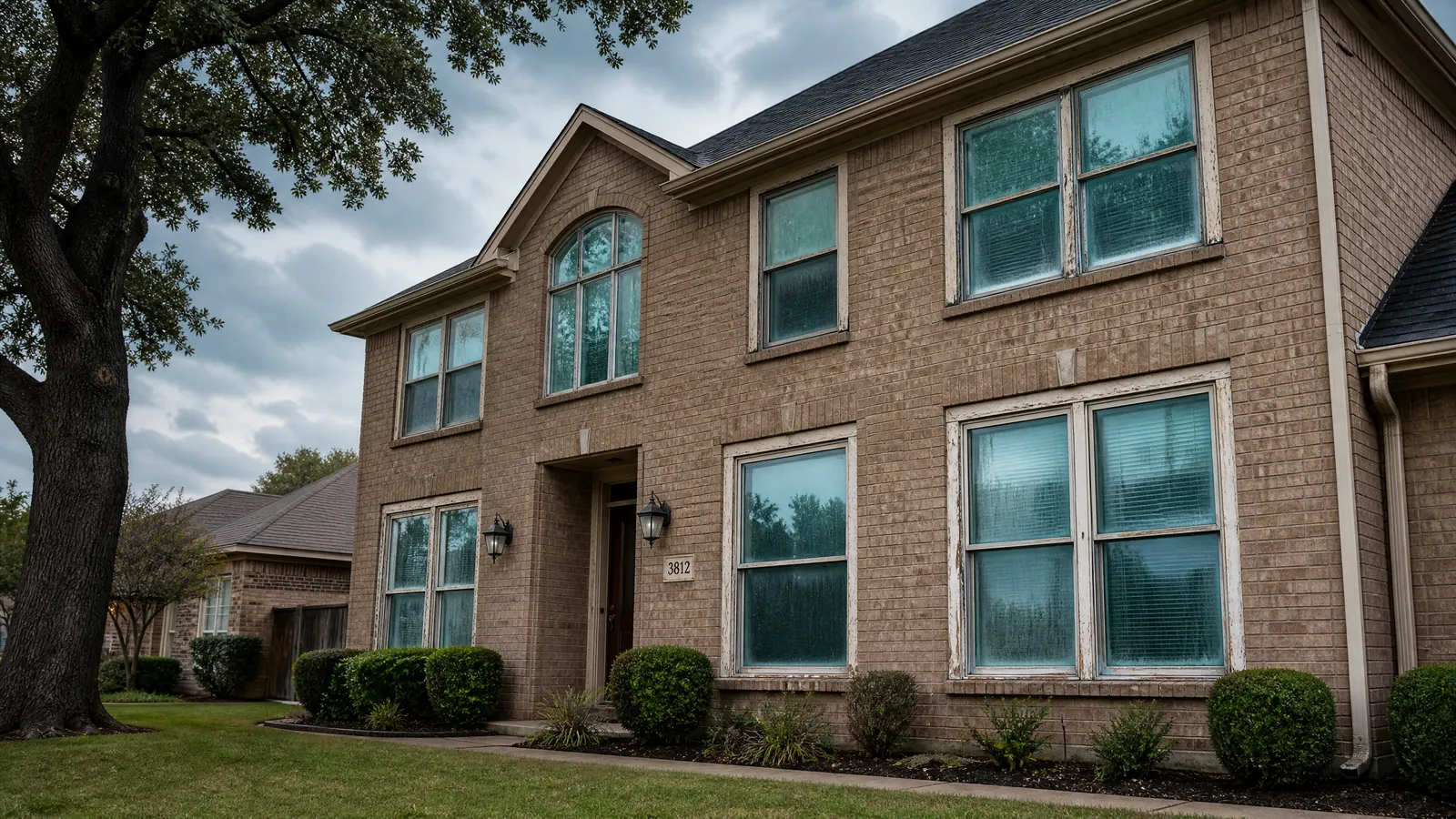 Wide view of a North Texas suburban home showing aging, mismatched windows requiring full replacement