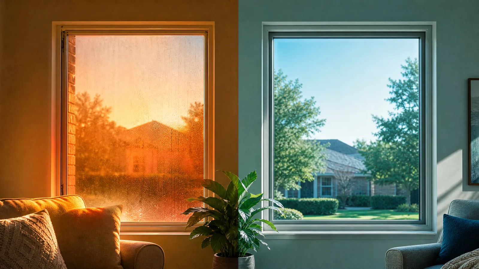 Side-by-side comparison of an old drafty window and a new energy-efficient window with thermal imaging style