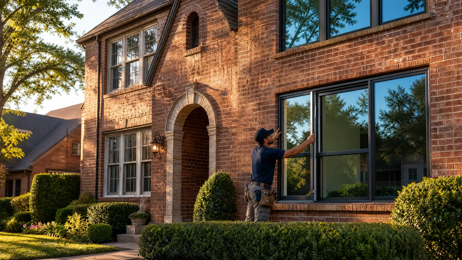 Classic Dallas brick home exterior with new energy-efficient windows being installed to preserve character