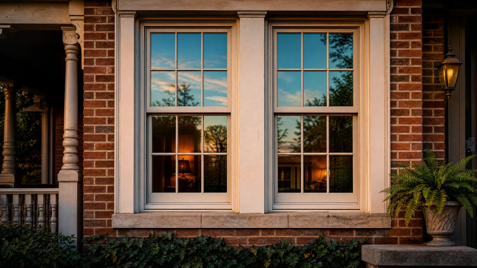 Historic Fort Worth home exterior showing newly replaced energy-efficient windows with classic divided light grilles