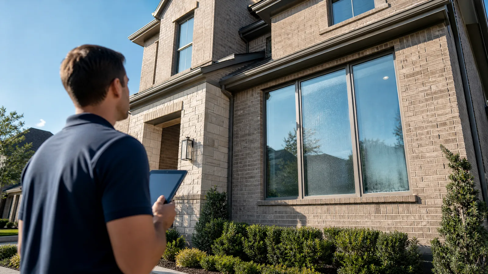 Modern brick home in Frisco showing early window seal failure with a professional assessing the glass