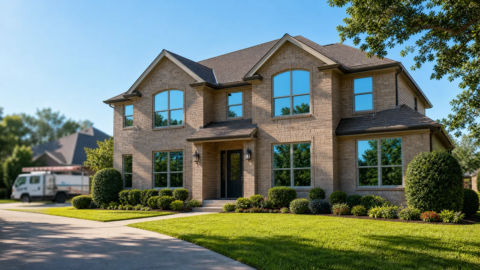 Suburban Arlington home featuring newly installed energy-efficient windows across the entire brick facade
