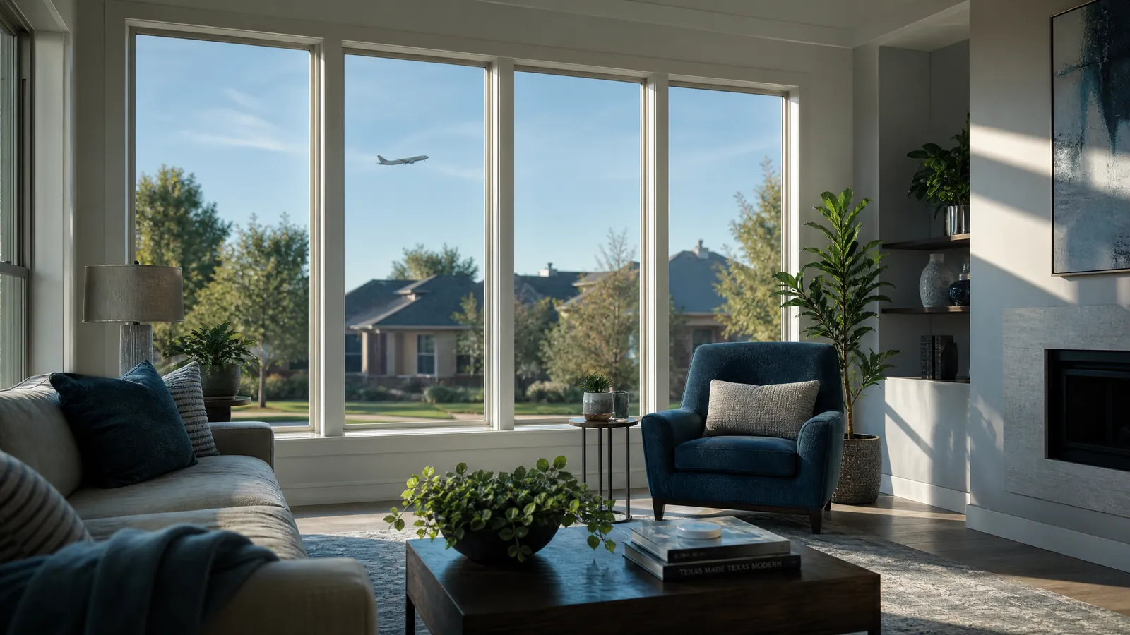 Interior view of a modern Irving home with soundproof windows showing airplanes in the distance