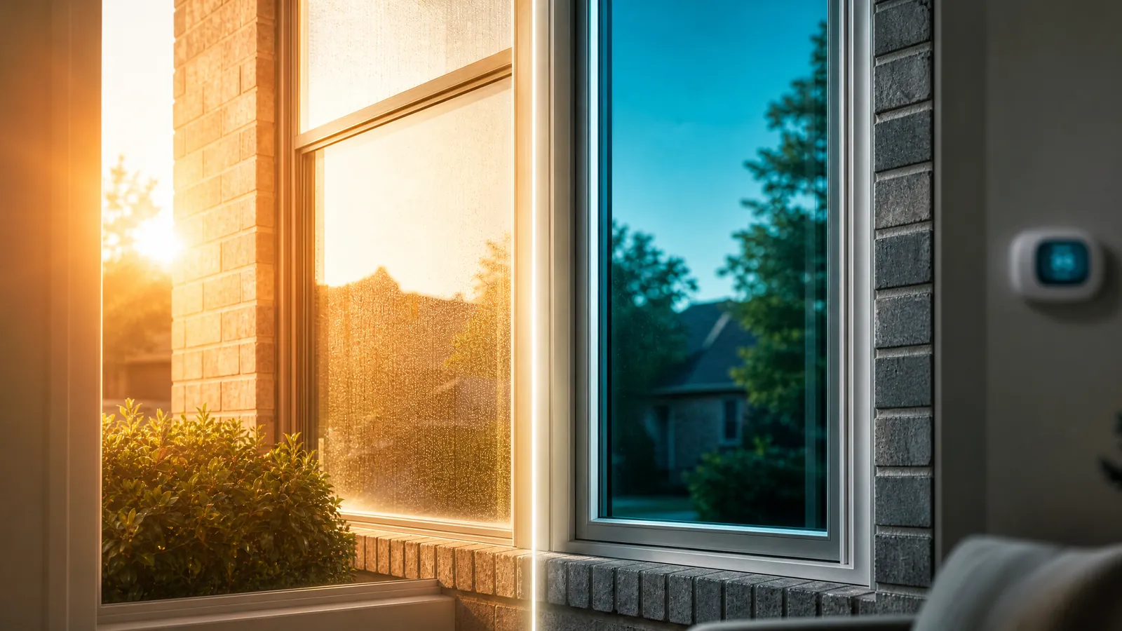 Infrared thermal camera showing heat loss around an old window next to a new energy-efficient window in Garland