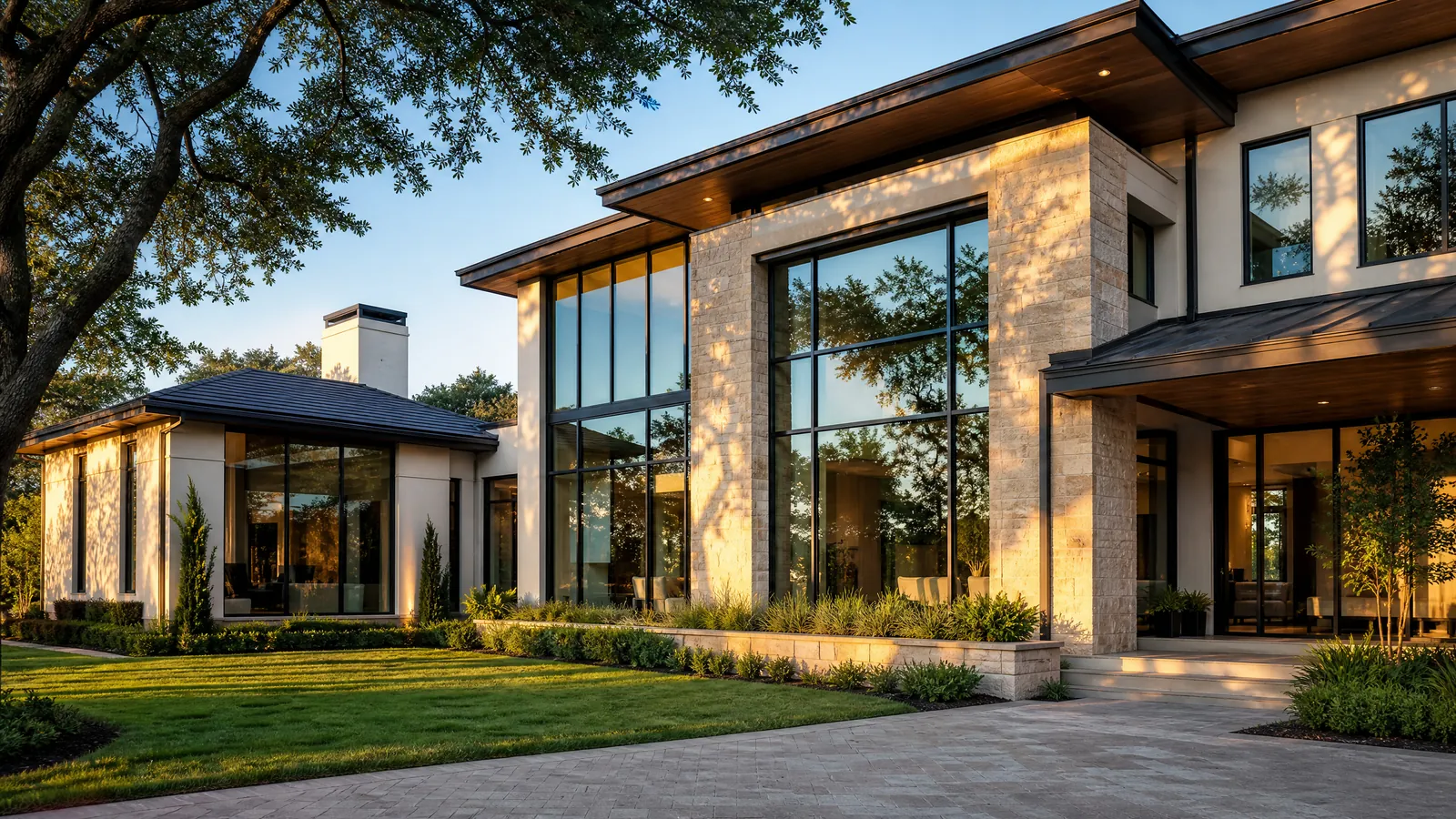luxury Southlake estate featuring expansive newly installed architectural windows reflecting blue skies and lush green landscaping