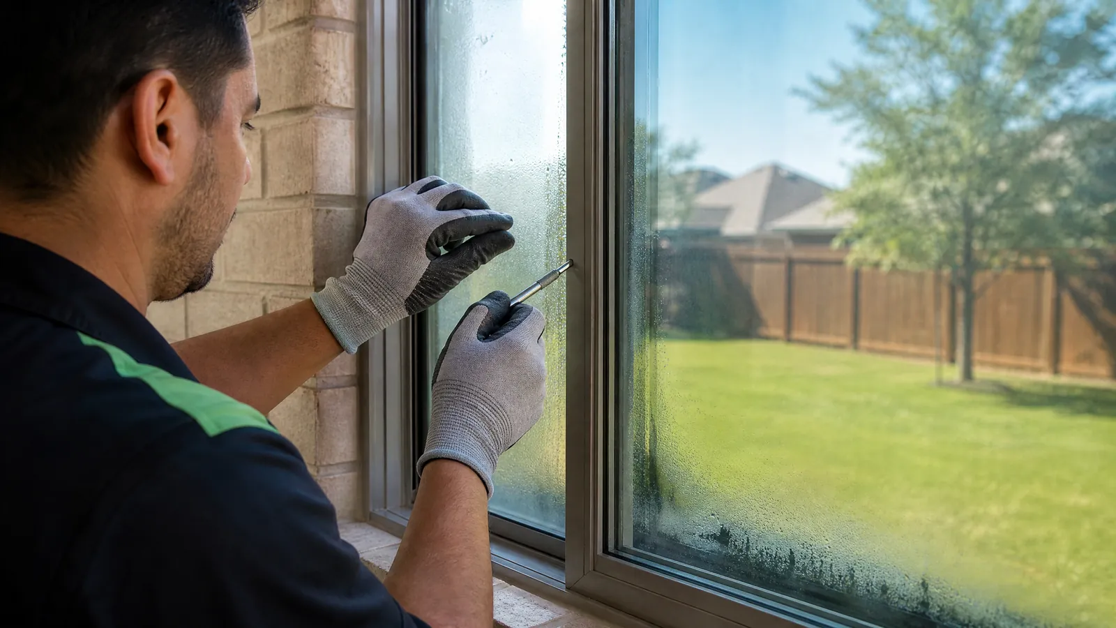 Expert foggy window repair in Grand Prairie showing a technician clearing condensation from double-pane glass