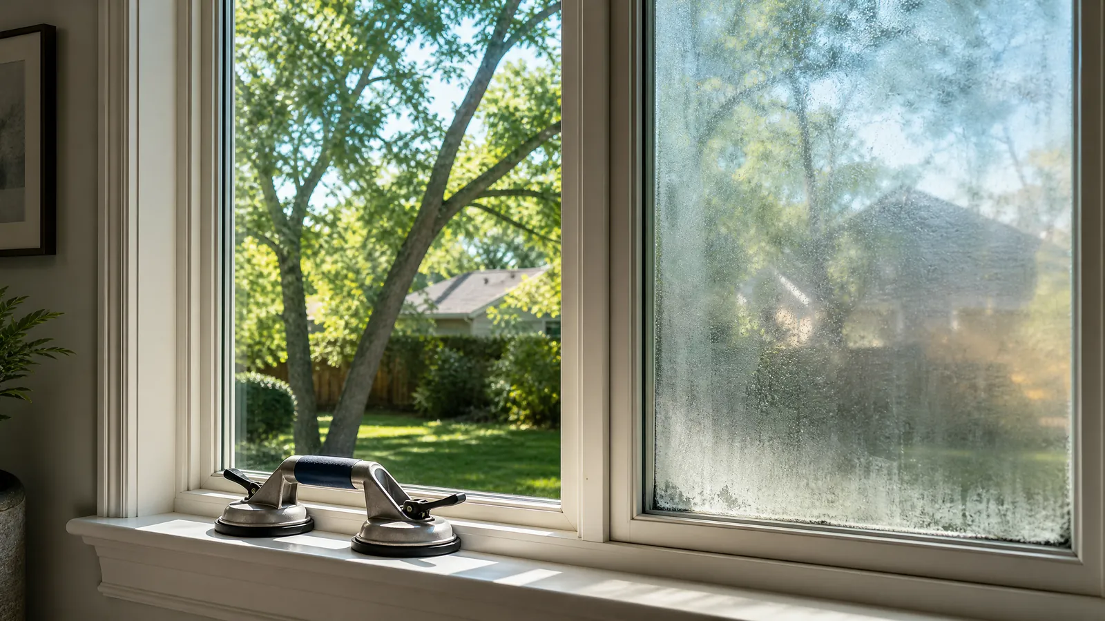 A clear, newly repaired window pane beside a fogged window with condensation in a Richardson home