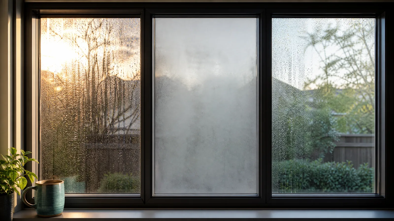 Close-up of a modern window showing interior, exterior, and between-pane condensation against a suburban backdrop