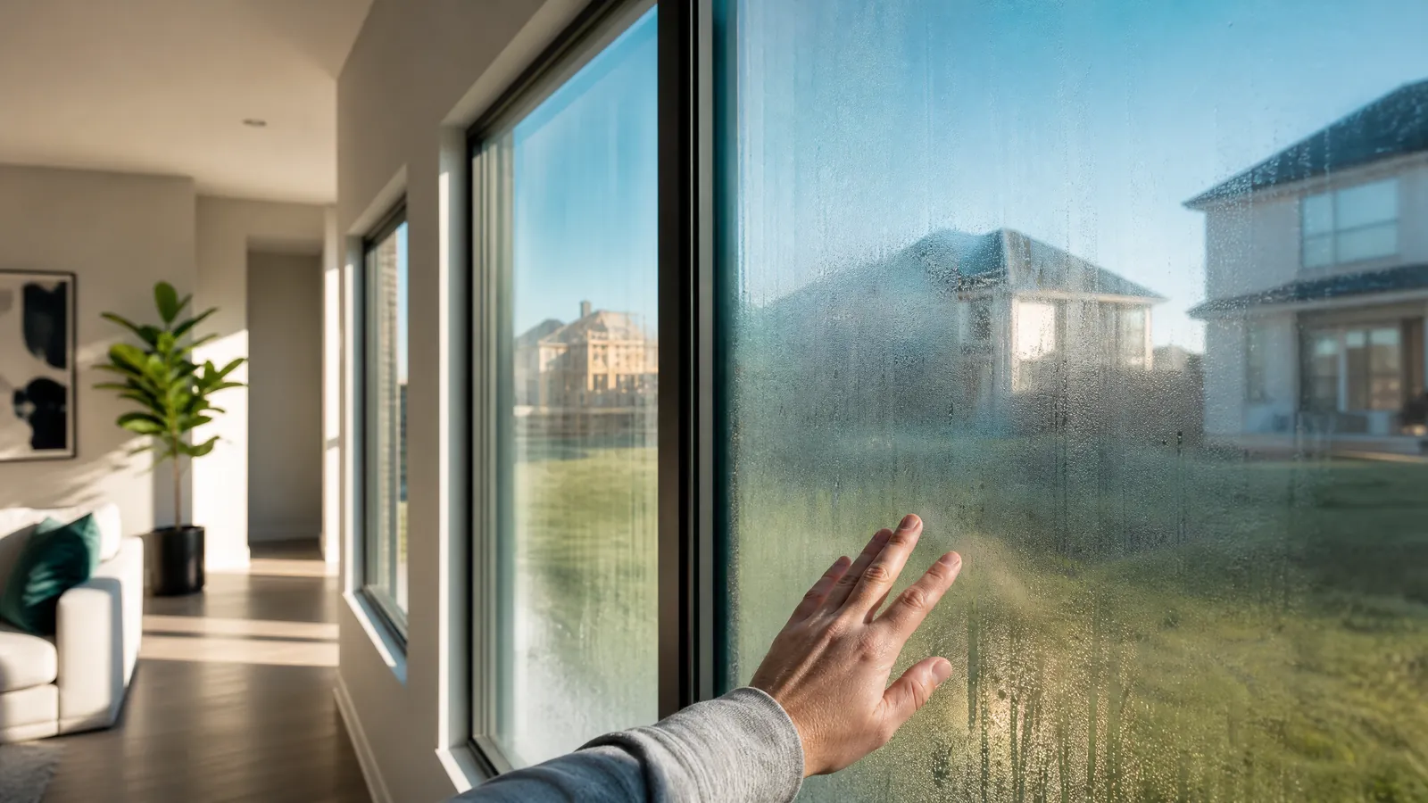 Foggy double-pane window in a newly constructed modern suburban home showing premature seal failure condensation