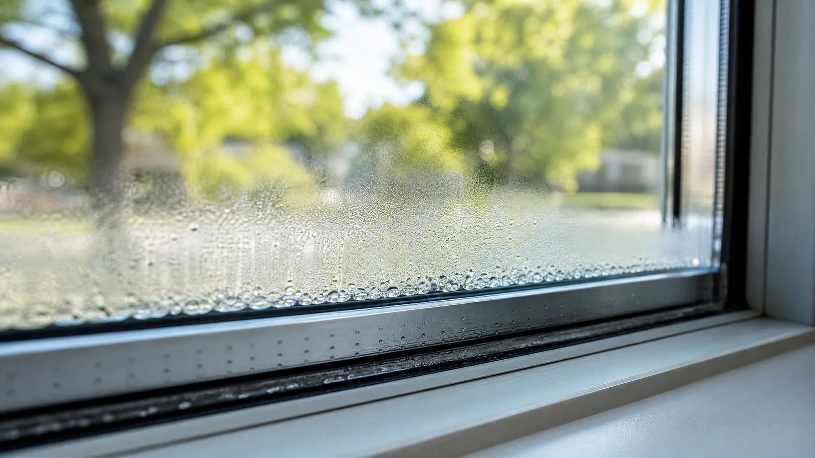 Macro view of condensation trapped between double-pane window glass showing a failed seal against a blurred green yard