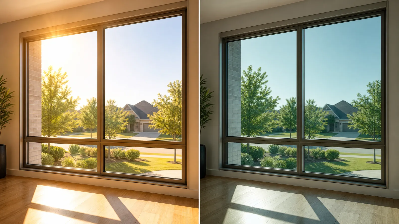 split view of a standard window and a Low-E coated window blocking harsh sunlight in a Dallas home