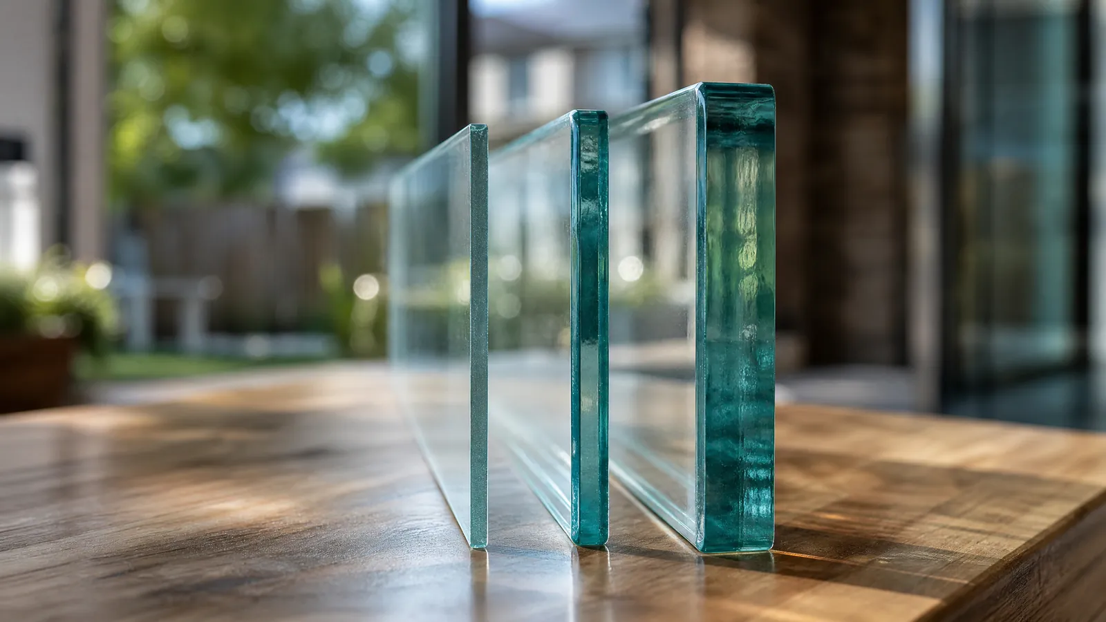 Close-up of three varying thicknesses of window glass panes resting on a wooden workbench in a sunlit room