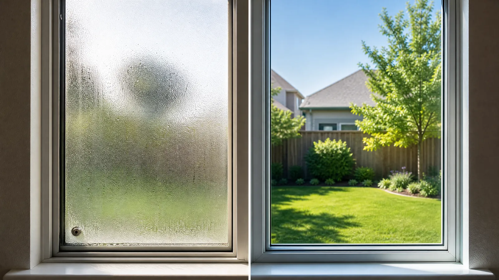 Side-by-side comparison of a drilled foggy window and a clear replacement insulated glass unit
