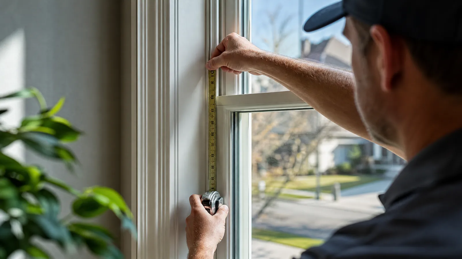 Professional glazier measuring a residential window frame with a metal tape measure