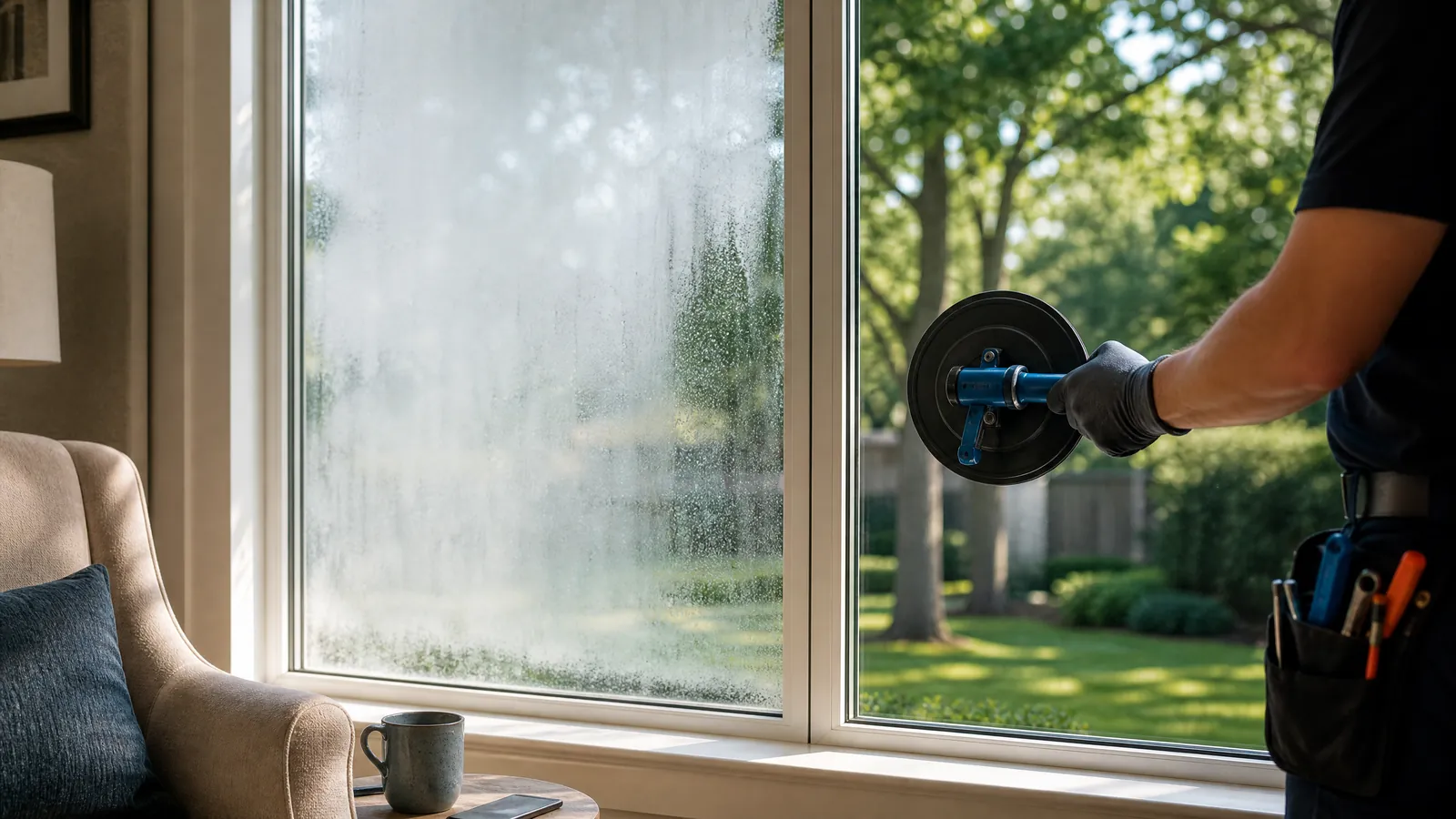 Foggy double-pane window in an Allen home being inspected by a professional glass technician using a suction cup tool
