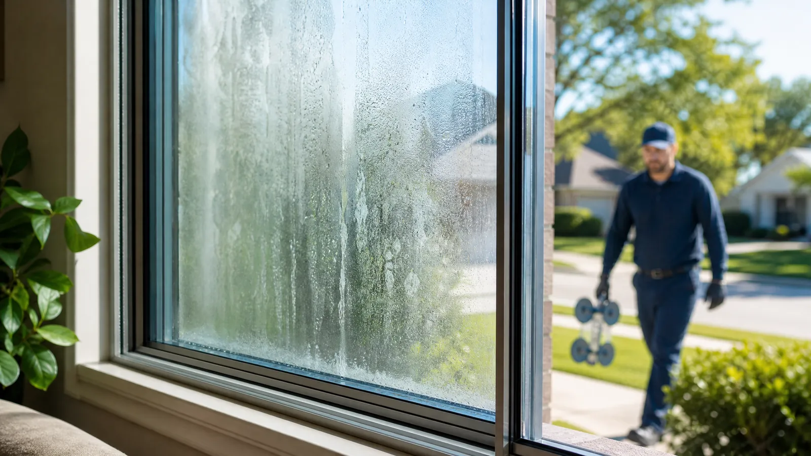 A Carrollton homeowner examining a foggy double-pane window before professional glass replacement