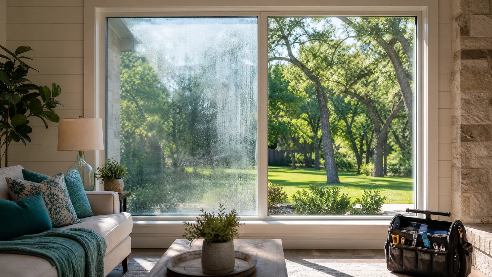 clear repaired window pane next to a foggy window with condensation in a Denton Texas living room