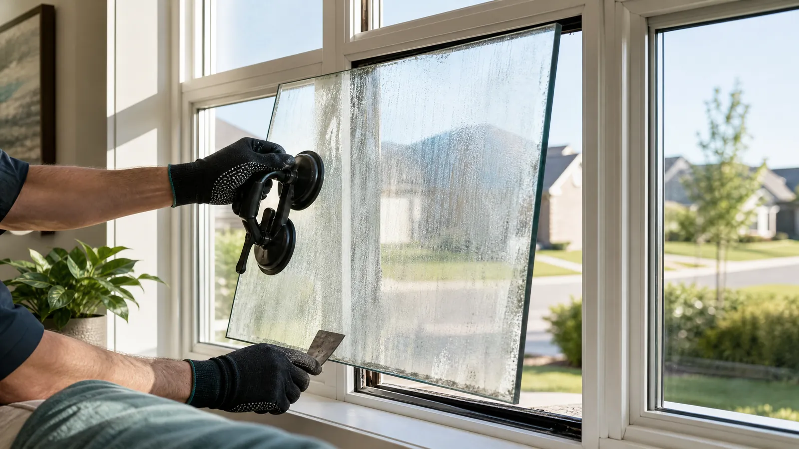 Professional technician replacing a clouded double-pane window glass unit in a sunlit residential living room
