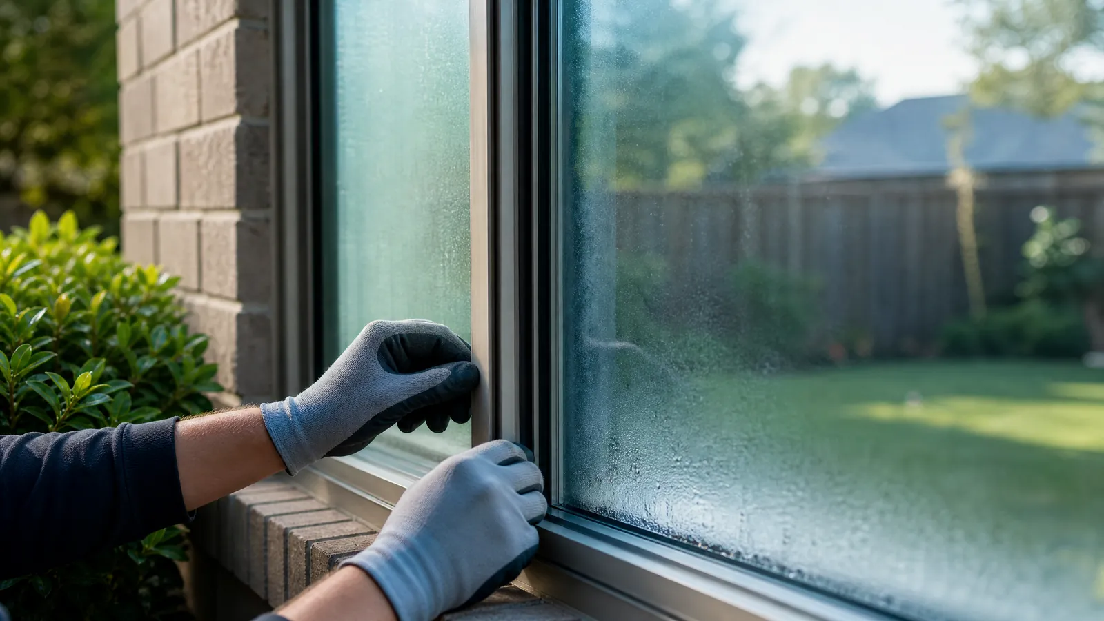 A professional repairing a foggy residential window in Mansfield Texas