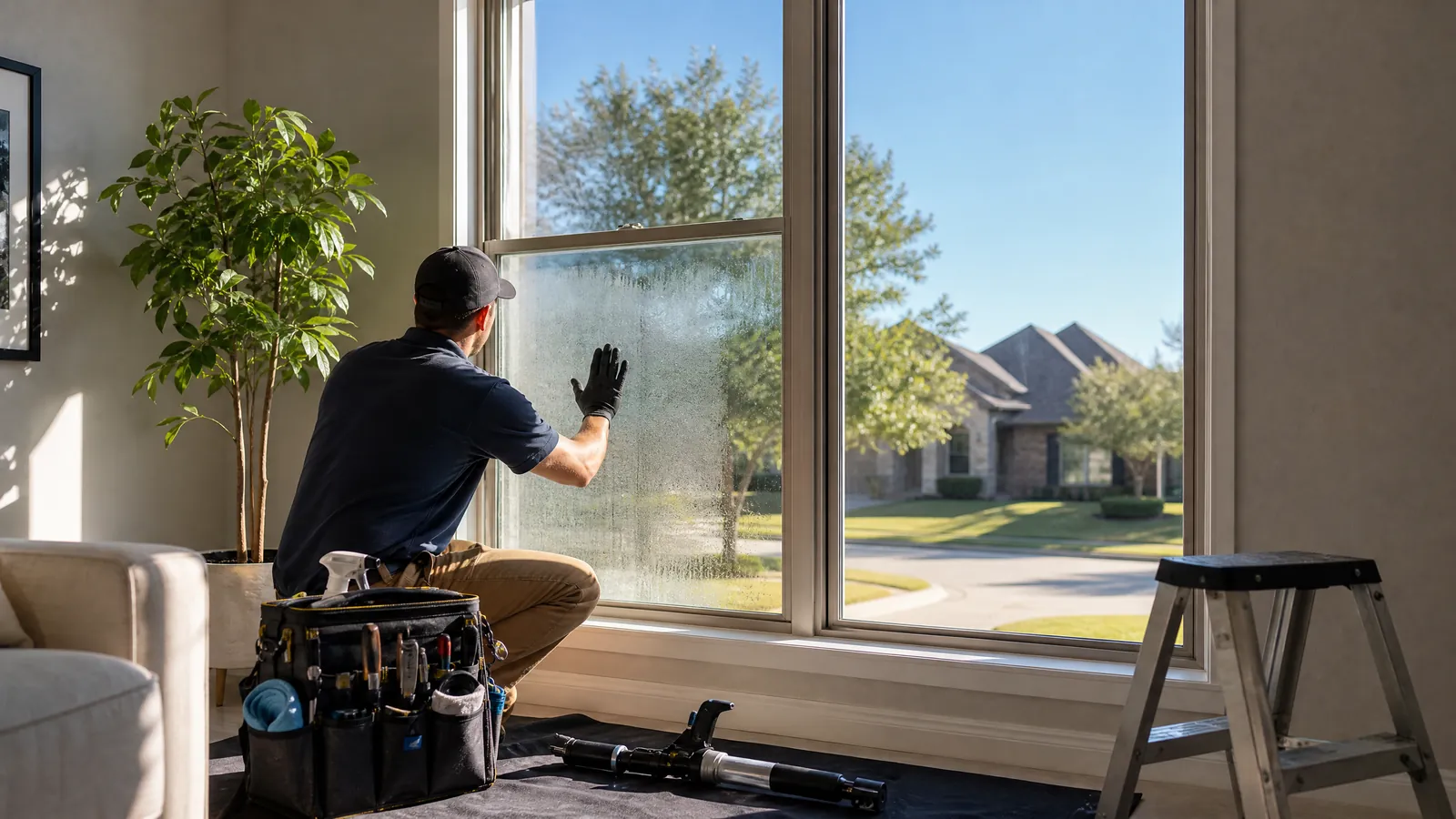 Professional clearing of a severely fogged double-pane window in a North Richland Hills residential living room