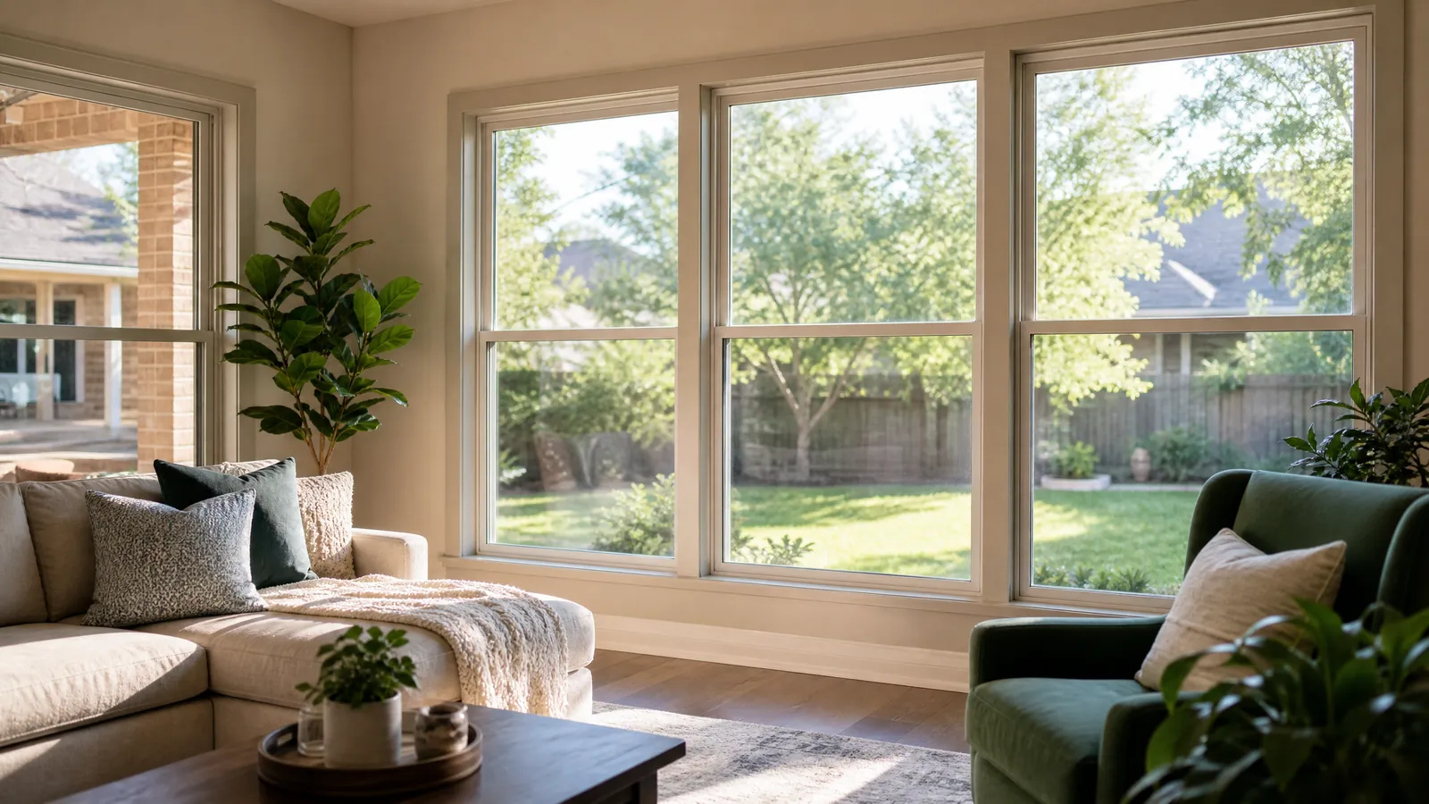 A family relaxing in a bright, modern Allen living room with new energy-efficient replacement windows