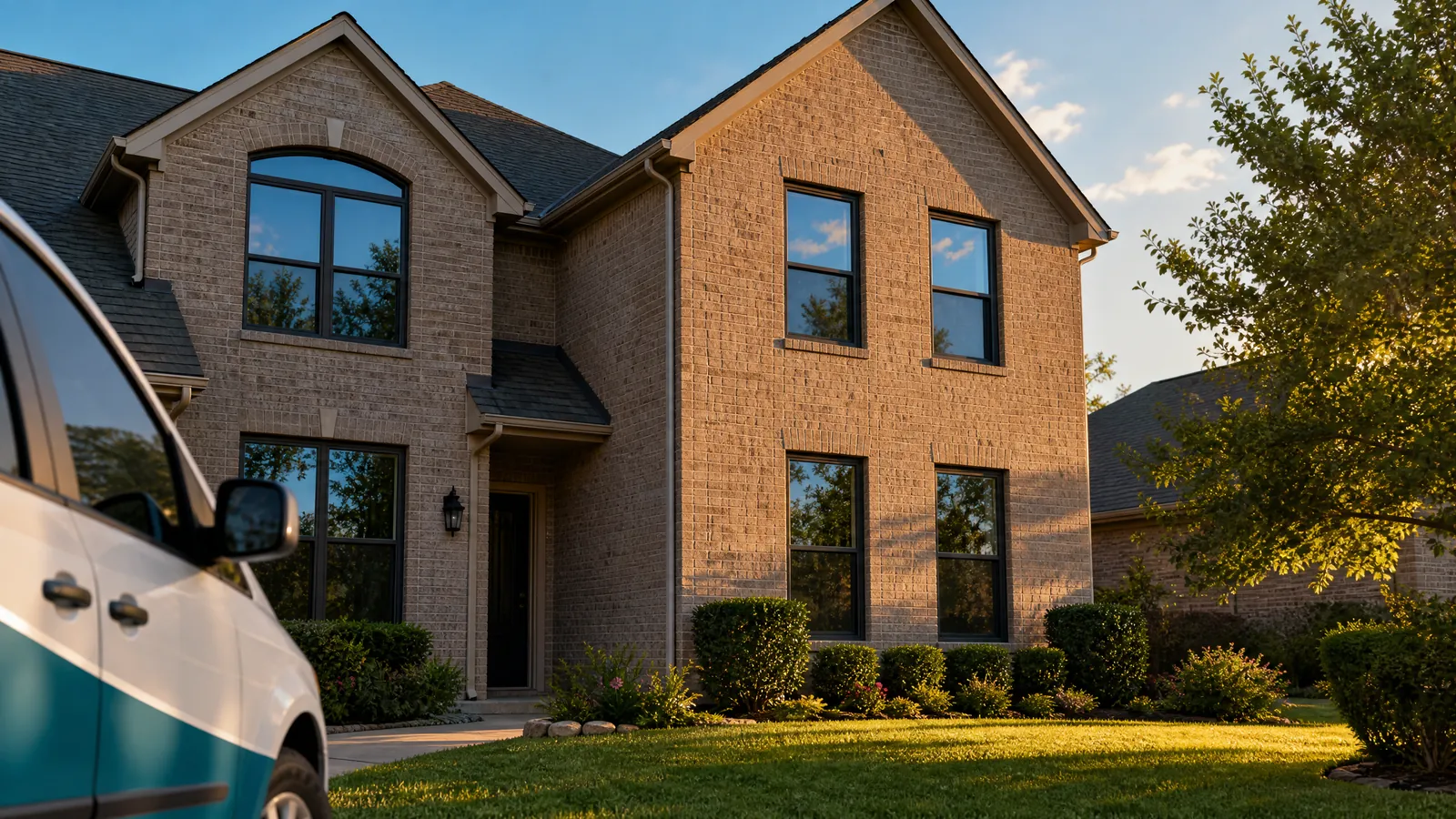 Exterior of a two-story Carrollton home with newly installed energy-efficient windows reflecting the blue sky