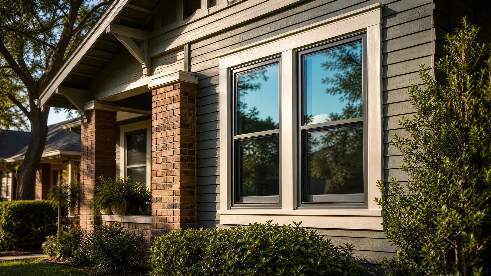 A craftsman-style Denton home exterior featuring newly installed double-hung windows preserving historic charm