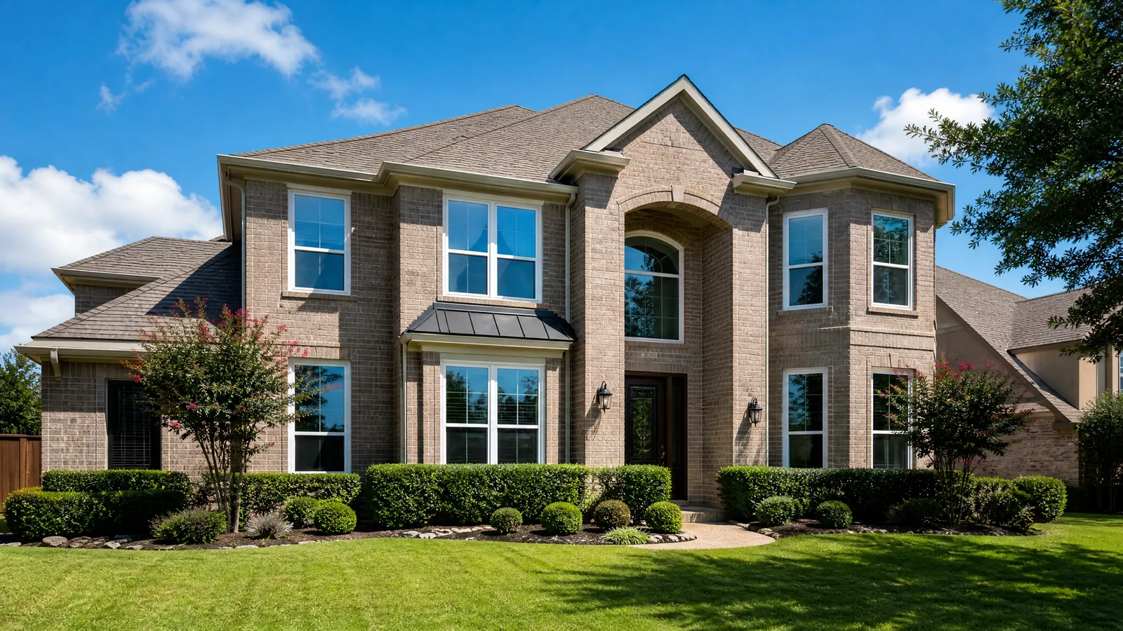 Wide shot of an upscale Flower Mound home with modern energy-efficient windows being installed