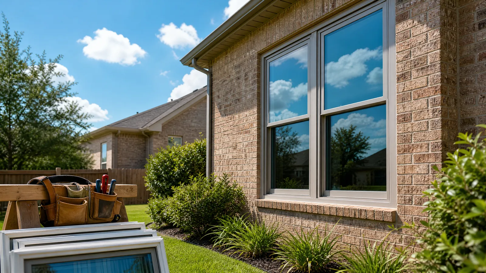 Modern energy-efficient replacement windows installed on a brick home in Grand Prairie Texas