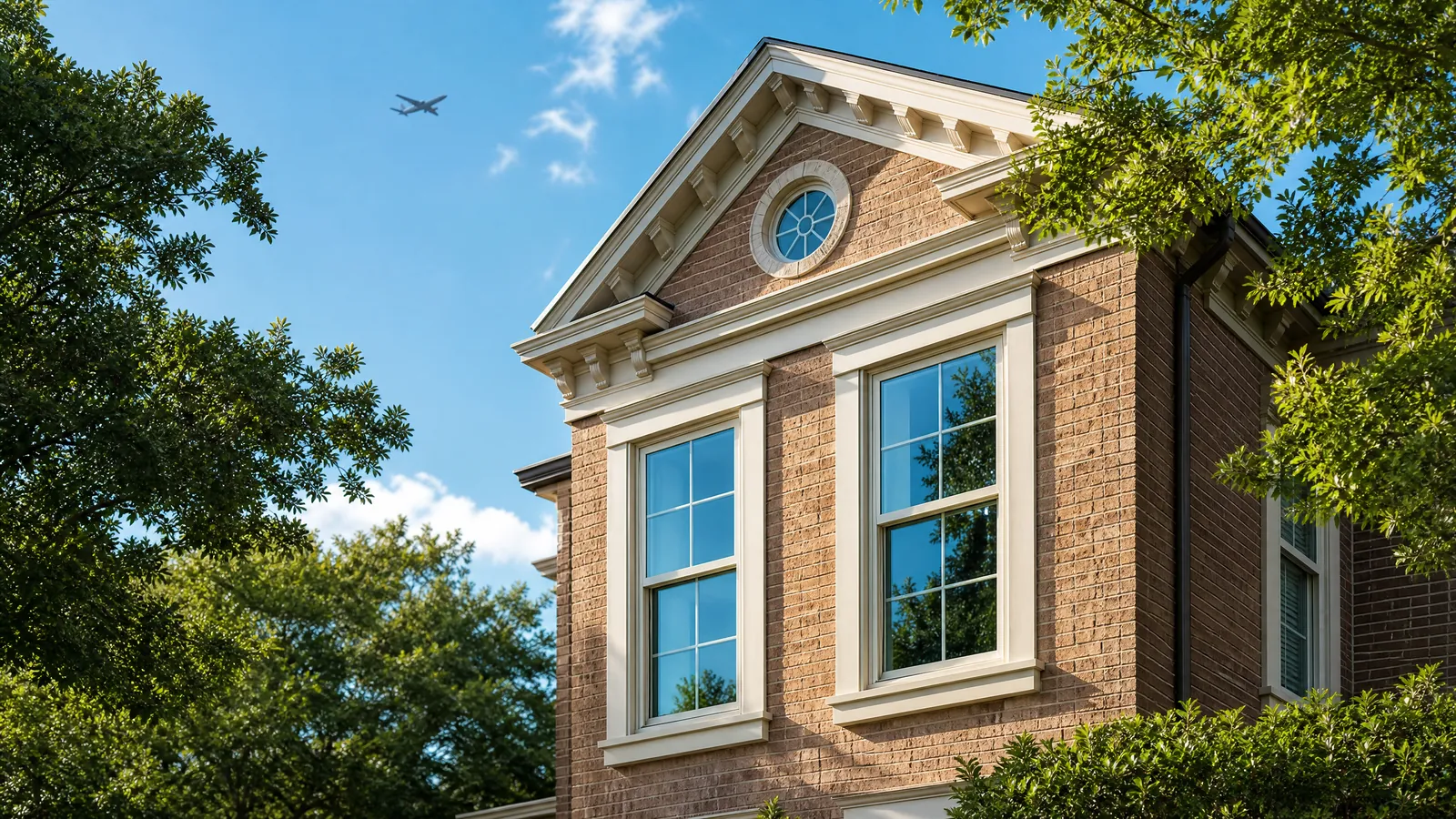 Historic Grapevine brick home featuring newly installed energy-efficient double-hung windows reflecting a clear blue sky