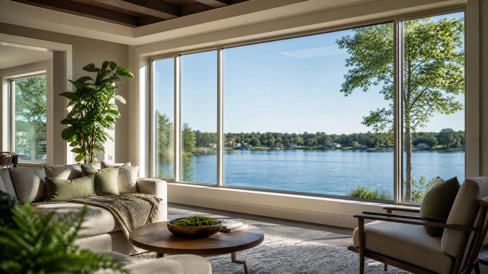 Newly installed energy-efficient windows in a Lewisville home showing a clear lake view and modern frames