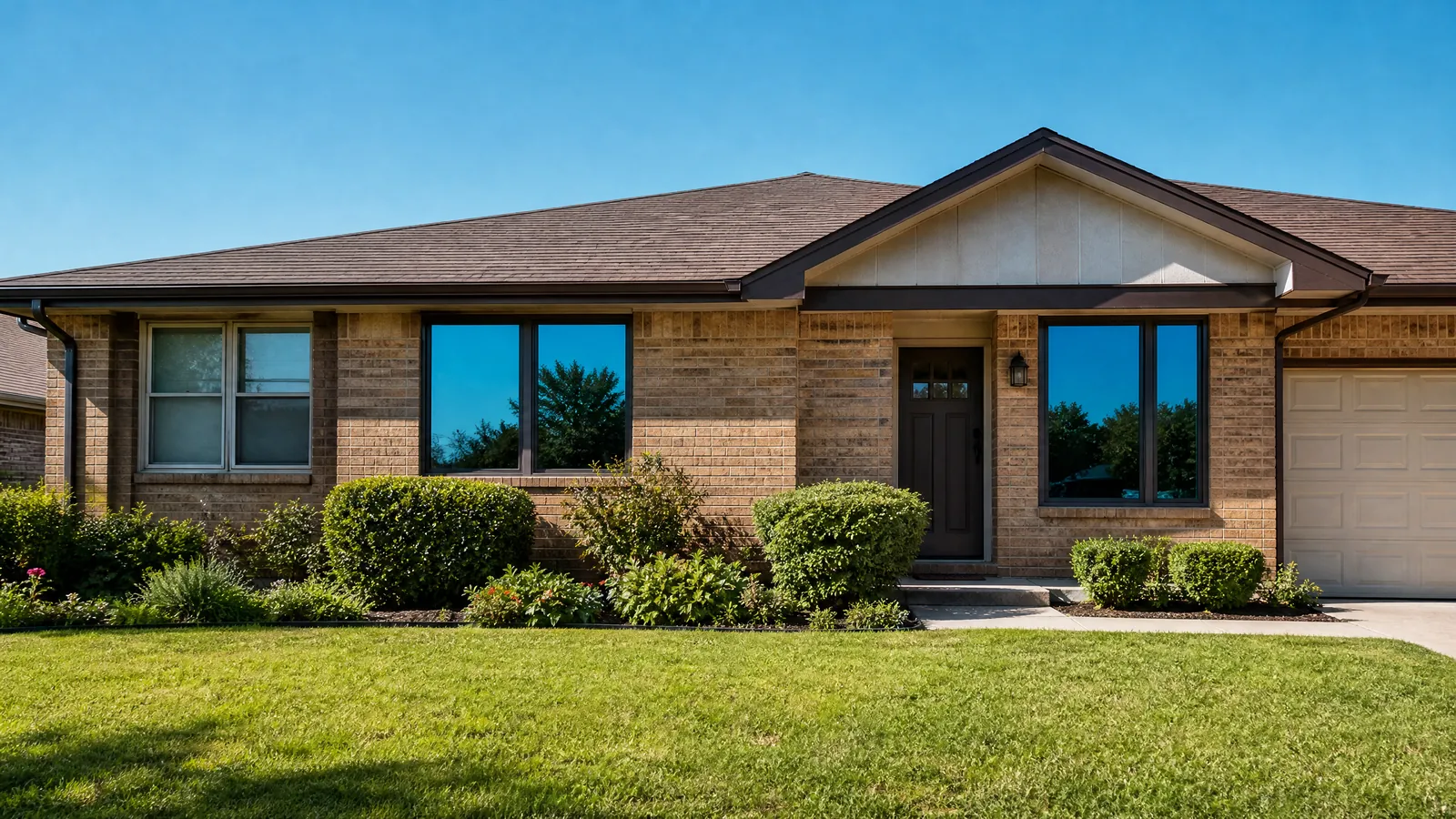 Wide view of a Mesquite home undergoing a whole-house window replacement project with energy-efficient glass