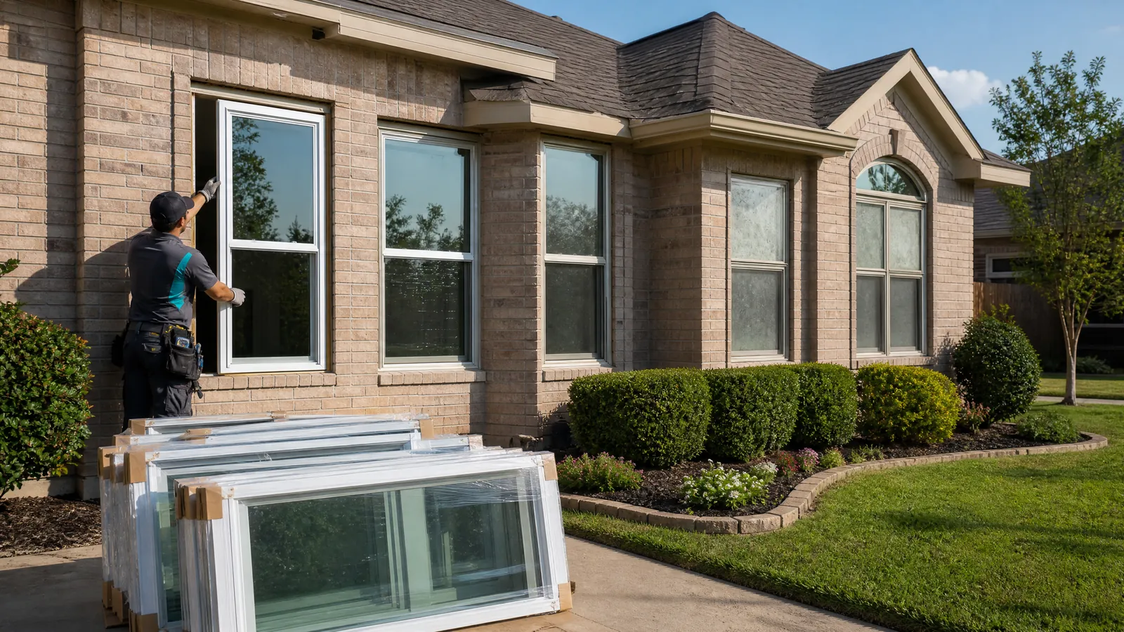 Suburban North Richland Hills home exterior during a full window replacement showing new energy-efficient installations