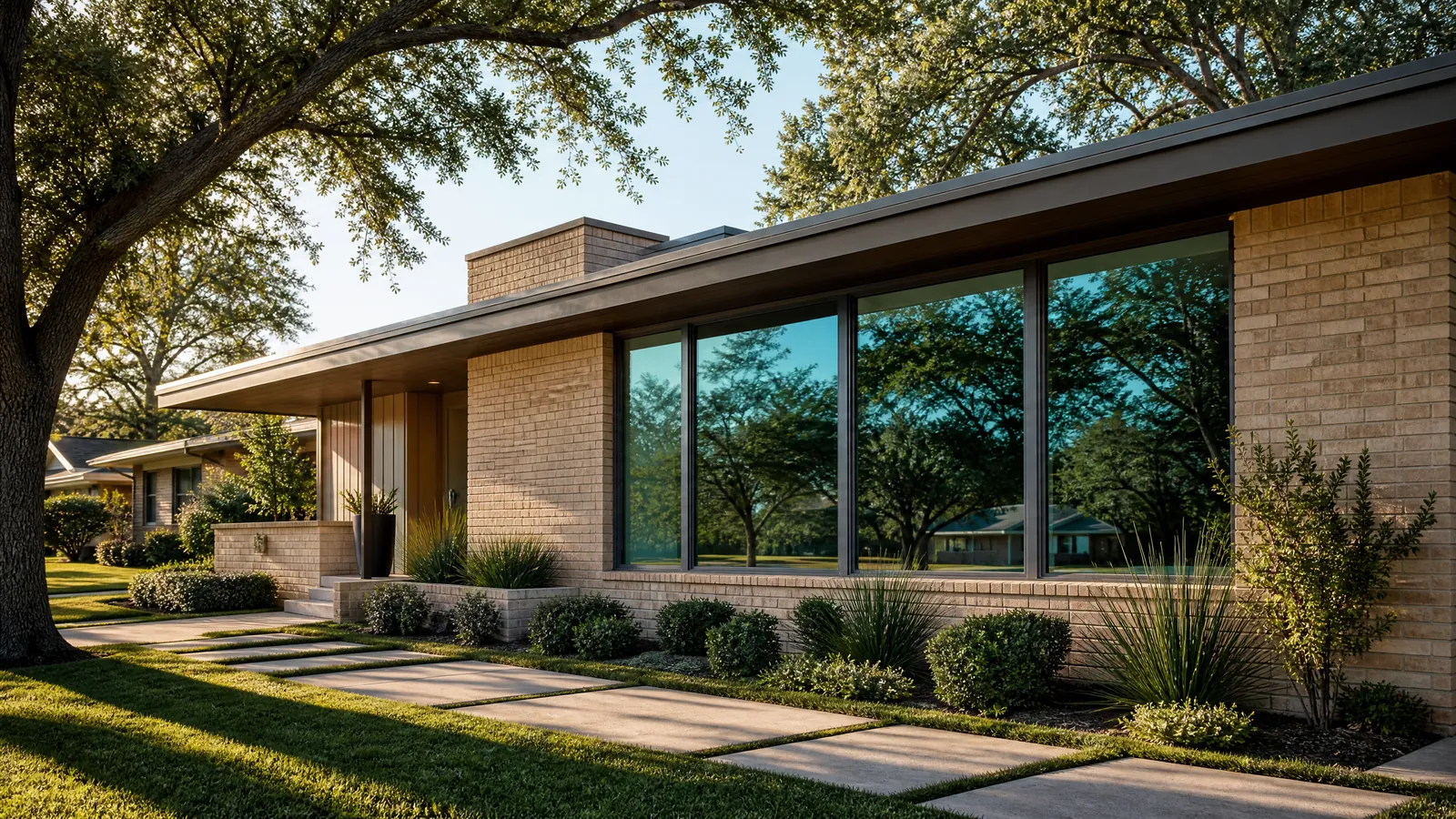 Exterior view of a mid-century modern Richardson home with newly installed energy-efficient replacement windows reflecting the sky