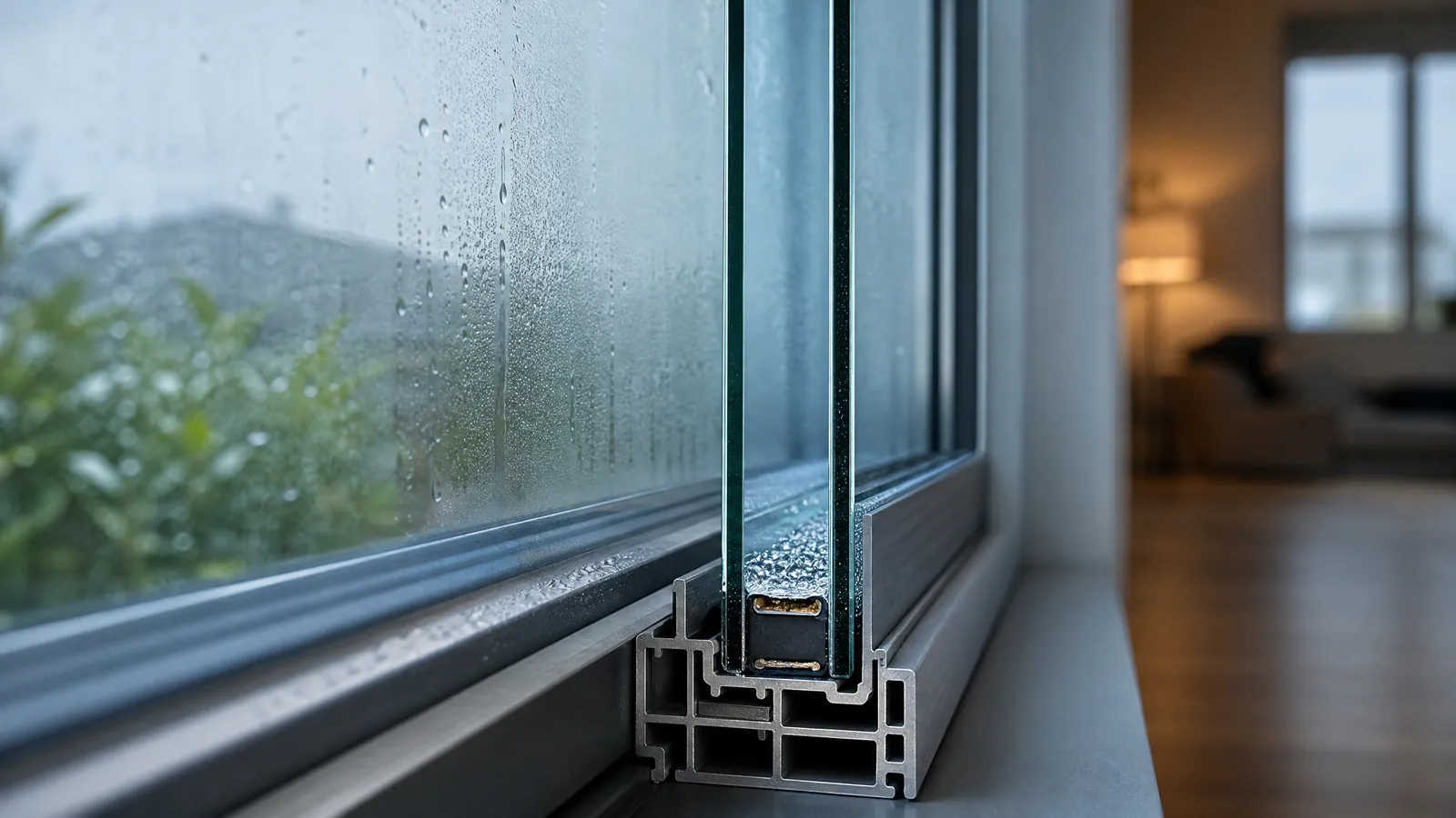 Close-up of condensation trapped between panes of a double-pane window