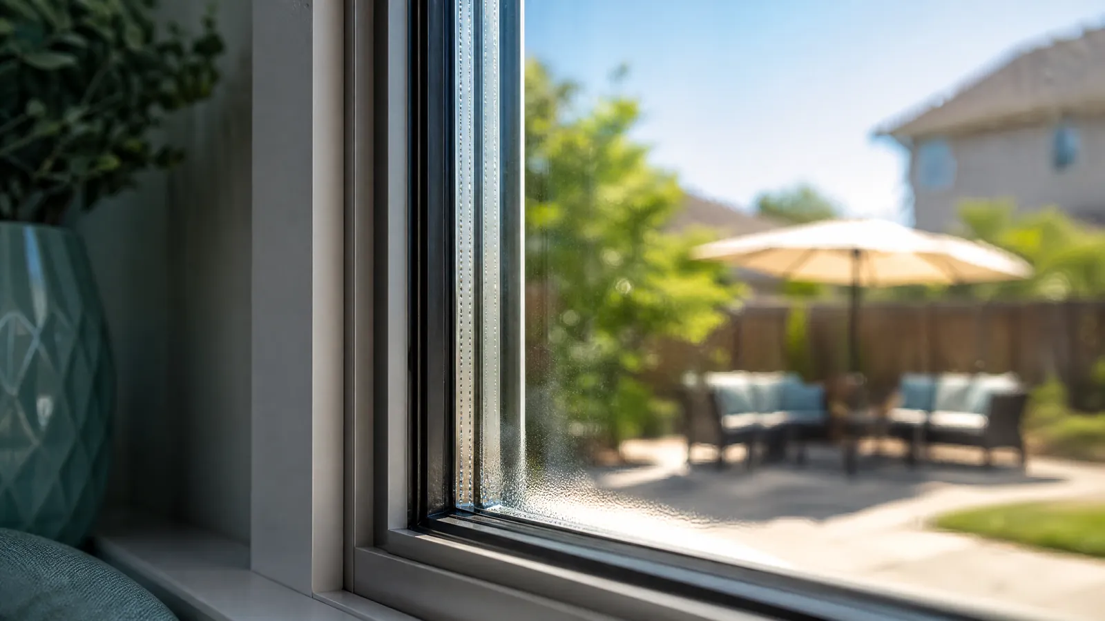 Close-up of a double-pane window seal showing early signs of condensation under intense summer sunlight