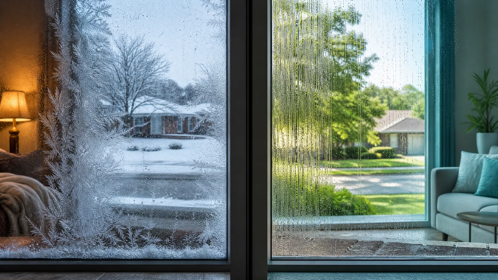 Split view of a modern double-pane window showing frosty winter condensation on one side and humid summer moisture on the other