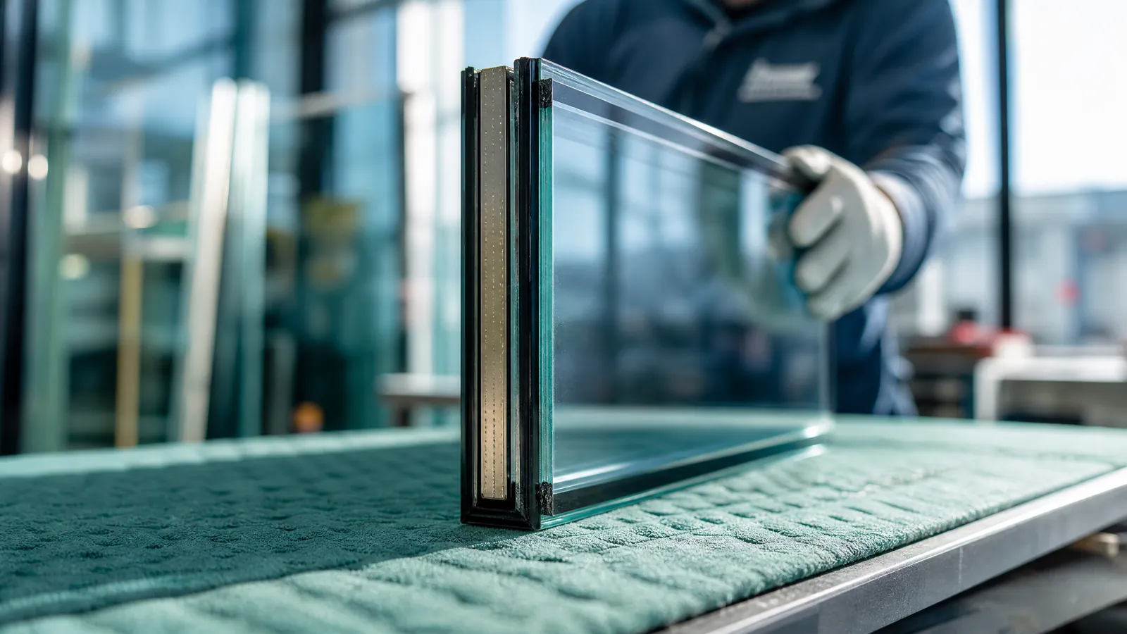 Edge view of a sealed double-pane insulated glass unit resting on a workbench in a bright workshop