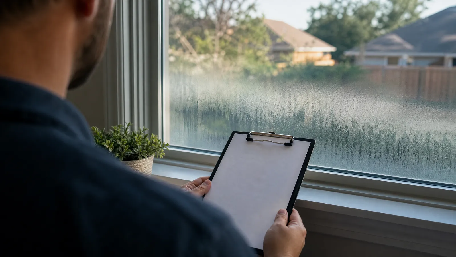 Close-up of a hand holding a checklist near a foggy double-pane window with condensation