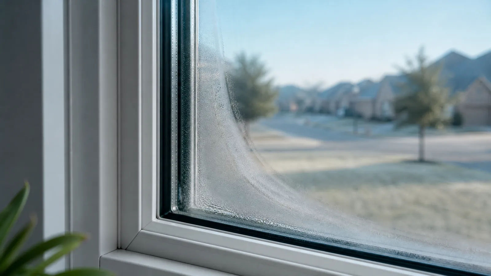 Close-up of a double-pane window corner showing milky condensation and seal failure indicating argon gas leak