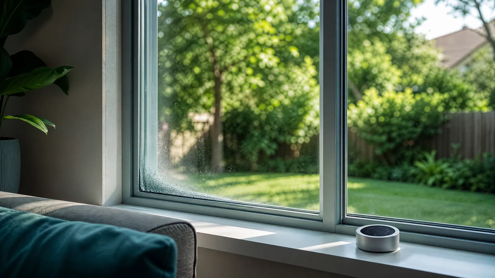 Close-up of condensation trapped between window panes in a Dallas home during a humid summer morning