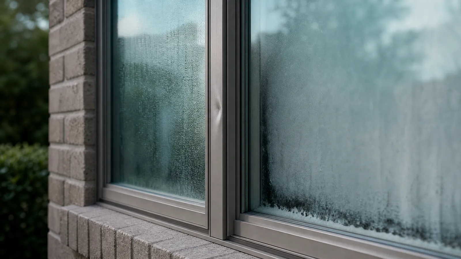 Foggy window pane with hidden seal damage shown weeks after a severe North Texas hail storm